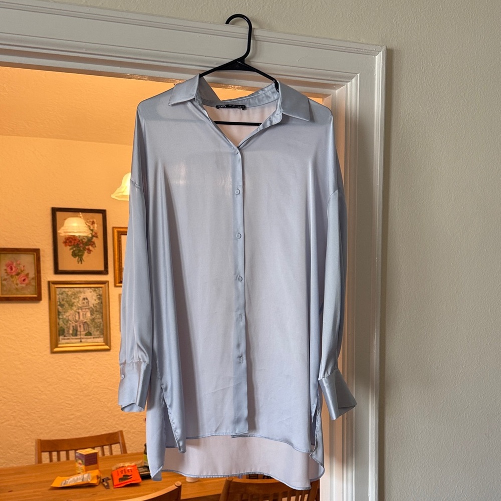 Zara Light Blue Oversized Satin Shirt